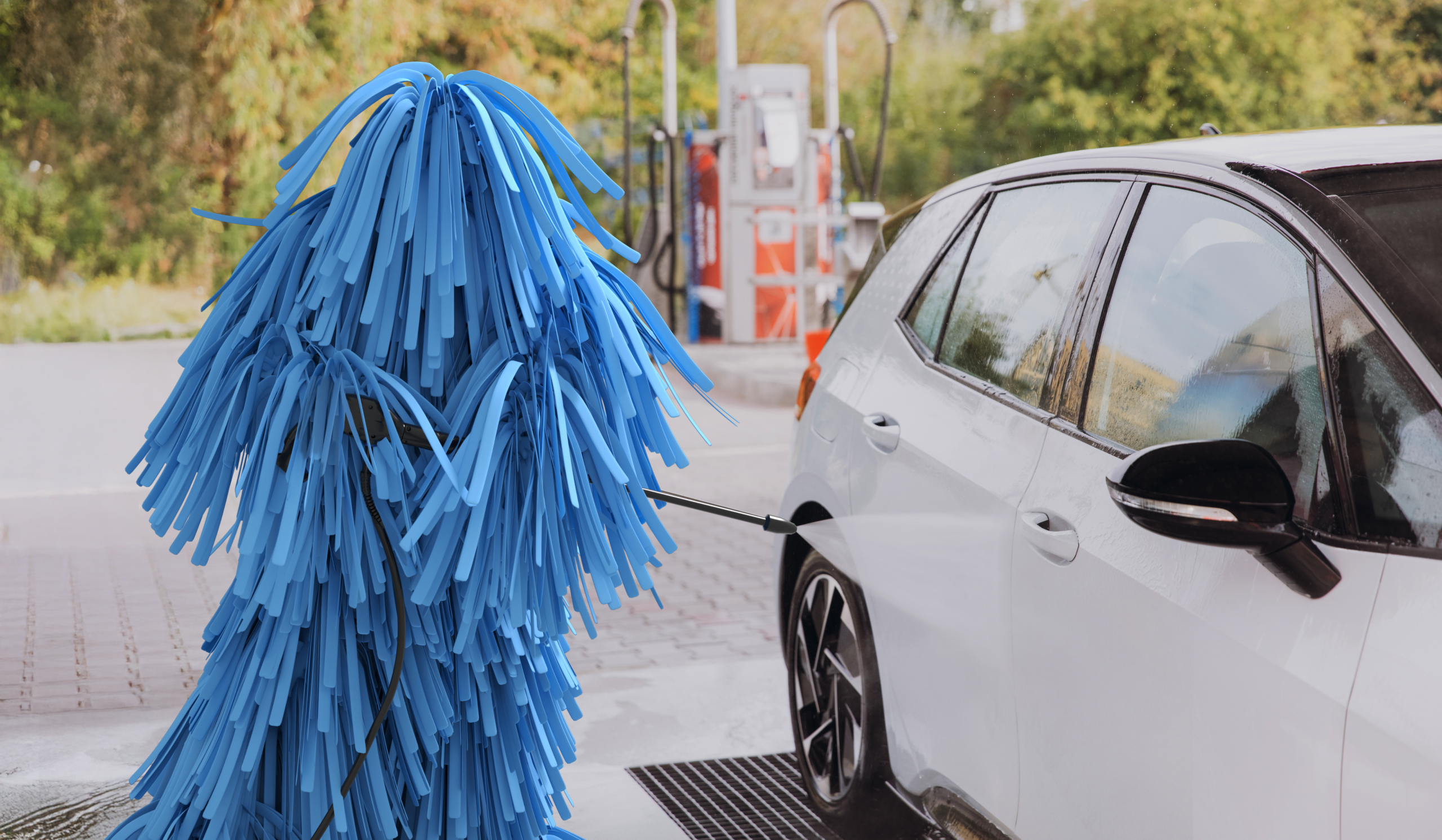 Grote blauwe winterborstel wordt gebruikt voor het schoonmaken van een witte auto.